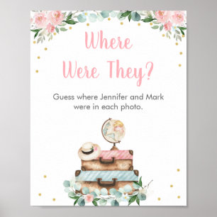Poster Jeu de mariage de voyage floral rose Où étaient-il