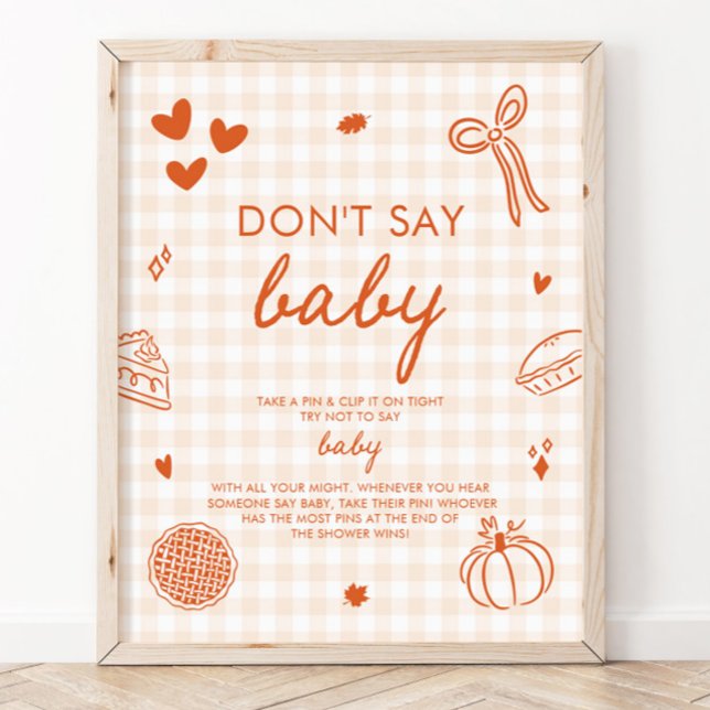 Poster Jeu Fall Orange Gingham Cutie Pie Ne dis pas Bébé (Fall Orange Gingham Cutie Pie Don't Say Baby Game Sign)