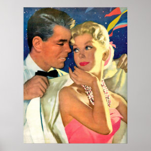 Poster Jeune couple amoureux sortant, vintage romantique