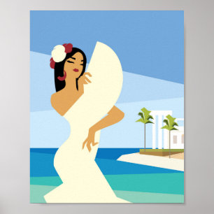 Poster Jeune dame espagnole posant avec ventilateur sur l