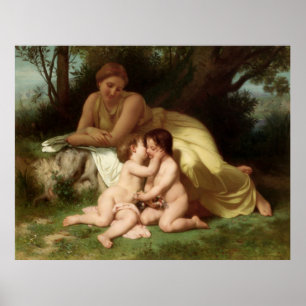 Poster Jeune Femme Contemplant Deux Enfants Intéressants