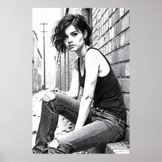 Poster Jeune femme grunge dans les brumes 