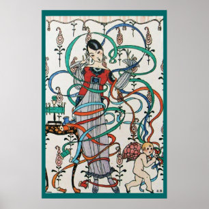 POSTER JEUNE FILLE AVEC RUBAN COLORÉ TOURBILLONNE ET CUPI