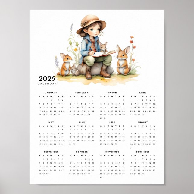 Poster Jeune fille lit à une famille de lapins Calendrier (Devant)