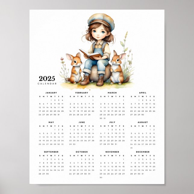 Poster Jeune fille lit livre à lapins 2025 Calendrier (Devant)