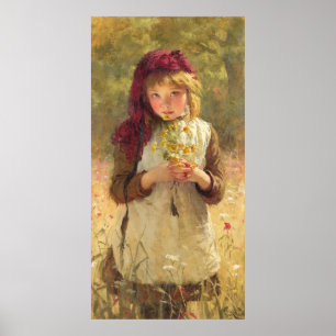 Poster Jeune fille mignonne tenant des fleurs de tasse à