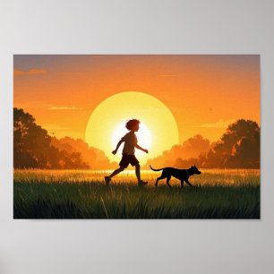 Poster Jeune garçon avec chien au coucher du soleil