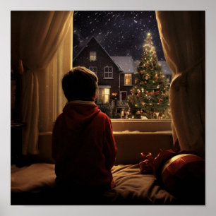 Poster Jeune garçon en attente à Père Noël le soir de Noë