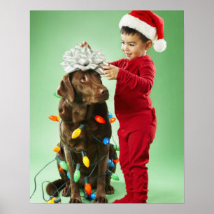 Poster Jeune garçon enveloppant les lumières de Noël auto