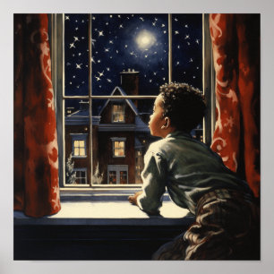 Poster Jeune garçon noir à la fenêtre - Christmas Night W
