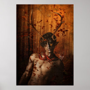 Poster Jeune homme aux cornes et renard