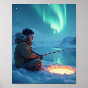 Poster Jeune homme pêchant sur glace