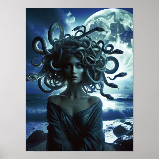 Poster Jeune jolie méduse par la lune et l'océan (Devant)