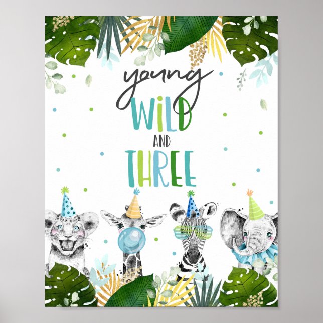 Poster Jeunes sauvages et trois animaux de la fête Safari (Devant)