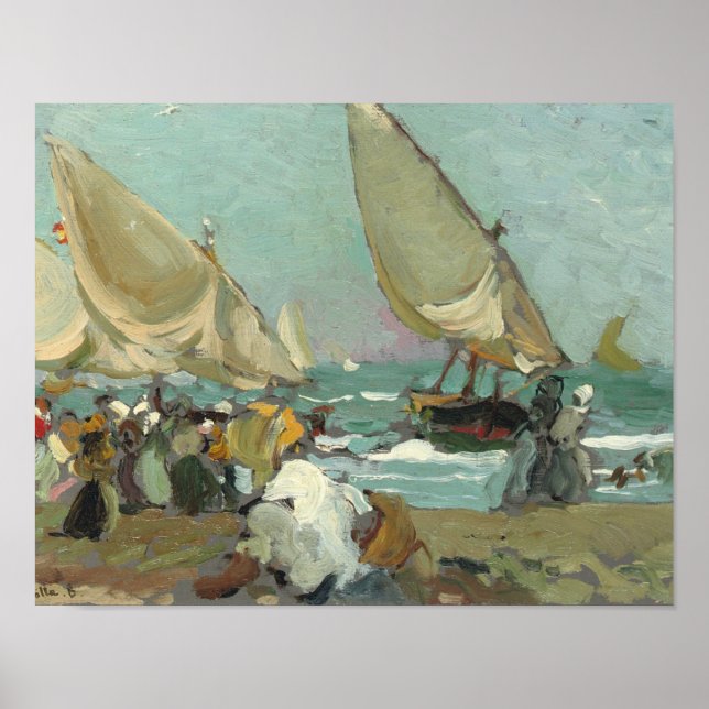 Poster Joaquin Sorolla - Bateaux sur la plage de Valence (Devant)