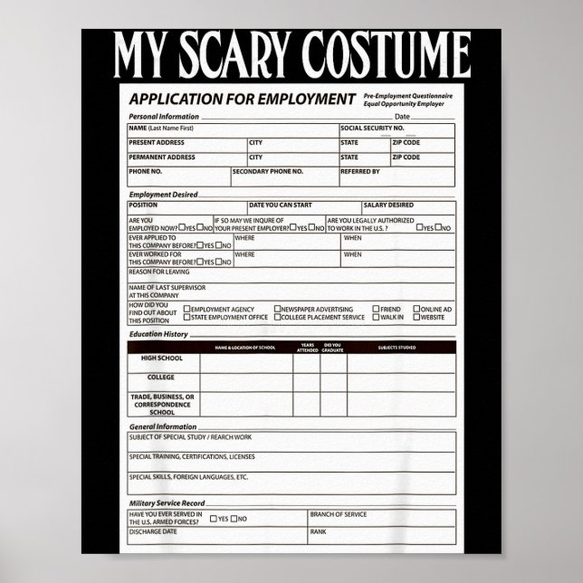 Poster Job Application Funny Y Halloween Costume Trick Or (Devant)