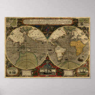 Poster Jodocus Hondius 1595 Carte du Monde