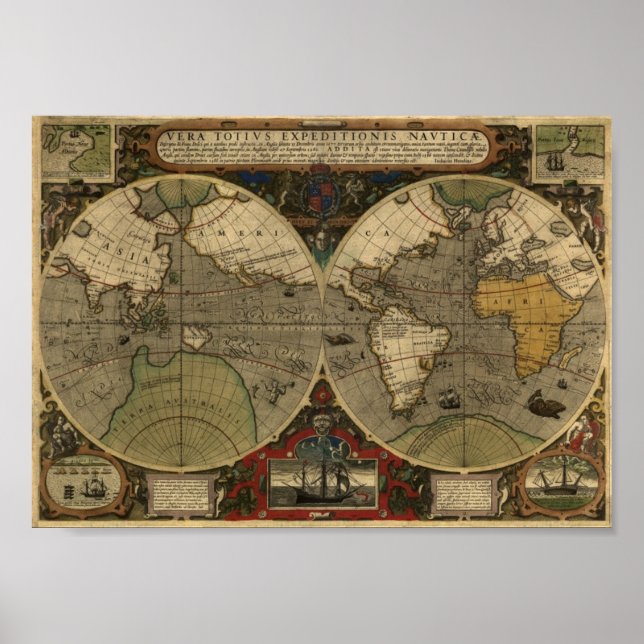 Poster Jodocus Hondius 1595 Carte du Monde (Devant)