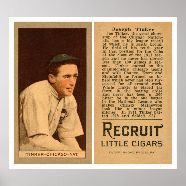 Poster Joe Tinker Cubs Baseball 1912 (Devant)