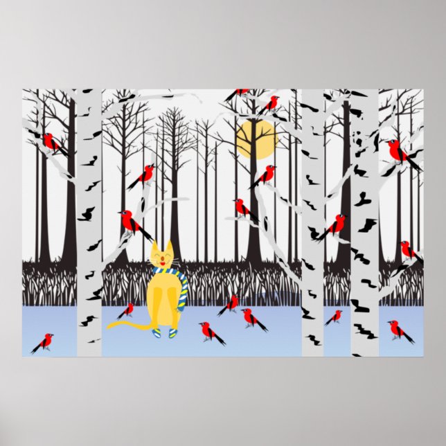 Poster Joie d'hiver - Chat avec foulard Birch Trees Cardi (Devant)