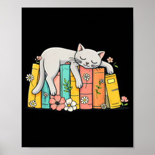 Poster Joli adorable chat endormi et livres livre cosy