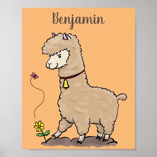 Poster Joli alpaga joyeux avec dessin animé de papillon (Devant)