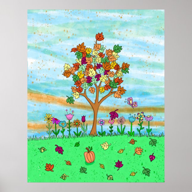 Poster Joli Art populaire Whimsical Autumn Tree Feuilles  (Devant)