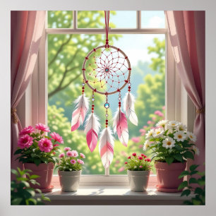 Poster Joli attrape-rêves rose et plantes sur l'appui de