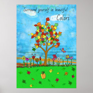 Poster Joli automne Feuilles Automne Arbre Folk Art