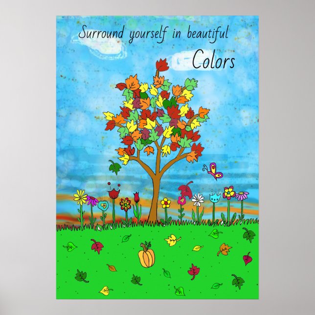 Poster Joli automne Feuilles Automne Arbre Folk Art (Devant)