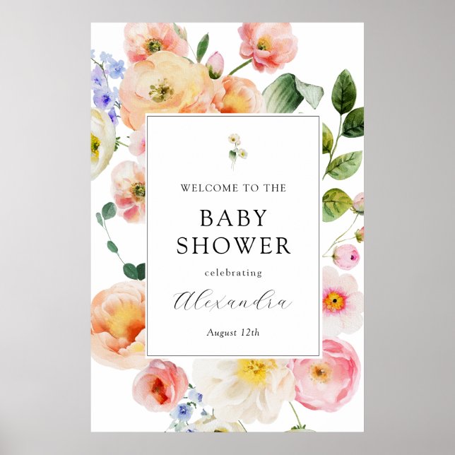 Poster Joli Baby shower d'accueil fleuri Pastel (Devant)