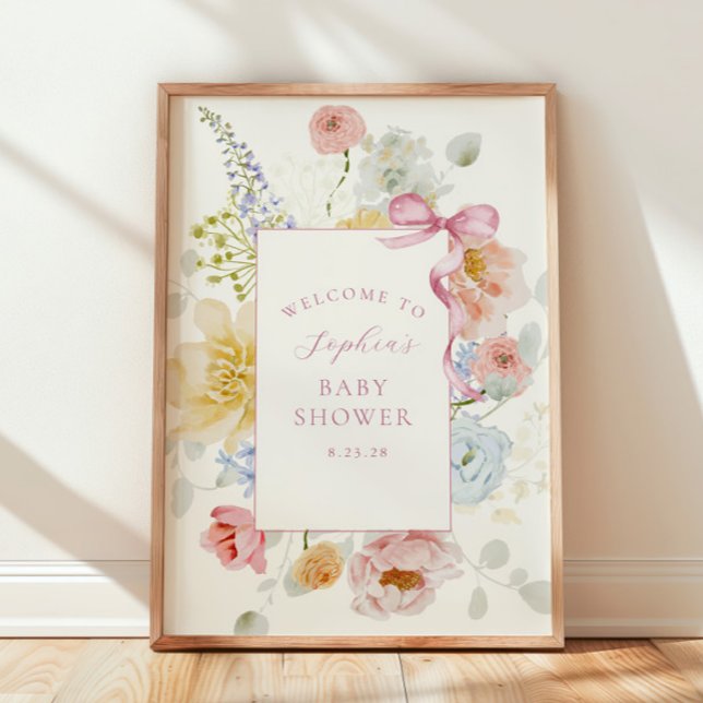 Poster Joli Baby shower Fleur sauvage rose Bow (Créateur téléchargé)