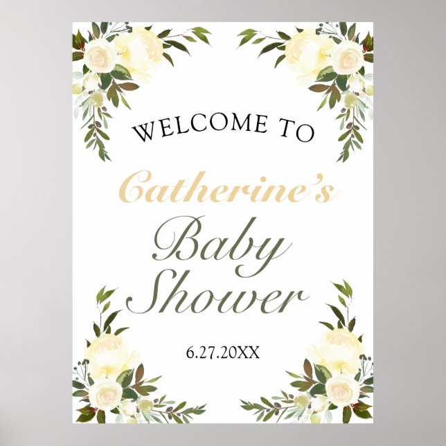 Poster Joli Baby shower Floral Jaune Bienvenue (Devant)