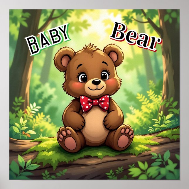 Poster Joli bébé ours de dessin animé dans les bois (Devant)