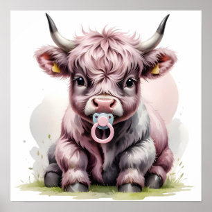 Poster Joli bébé vache des Highlands avec des fleurs – Nu