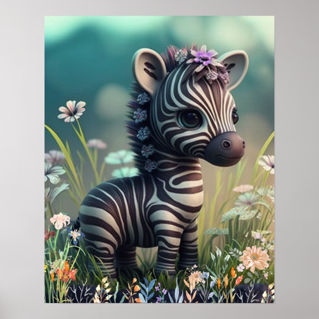 Poster Joli bébé zèbre dans le jardin des fleurs art pépi (Devant)