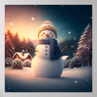 Poster Joli bonhomme de neige en forêt d'hiver.