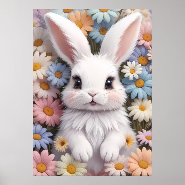 Poster Joli Bunny Blanc Pastel Fleurs De Marguerite (Devant)