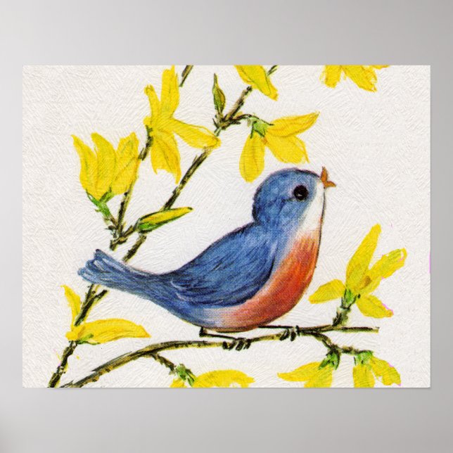 Poster Joli Chanteur Oiseau Bleu Arbre (Devant)