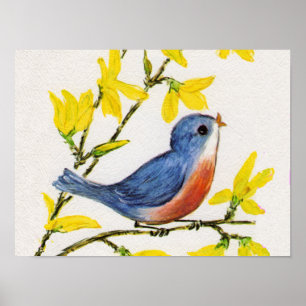 Poster Joli Chanteur Oiseau Bleu Arbre