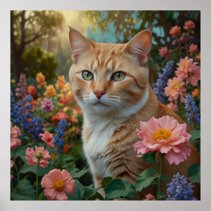 Poster Joli chat blanc orange dans un jardin fleuri