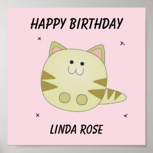 Poster Joli chat brun motif rose joyeux anniversaire