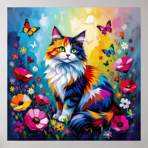 Poster Joli Chat Coloré Impasto et Fleurs
