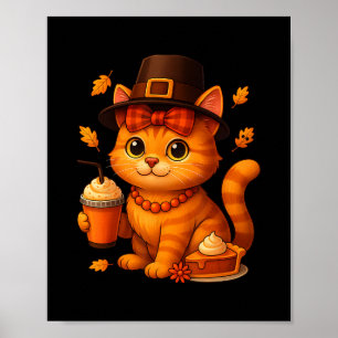 Poster Joli Chat de Thanksgiving Automne Tarte au potiron