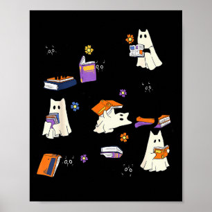 Poster Joli Chat Fantôme Amateur de Lecture Livres Hallow