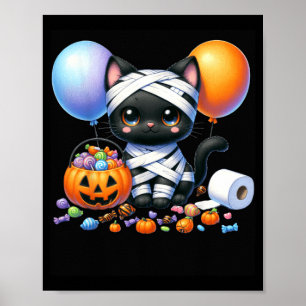 Poster Joli chat noir d'Halloween Citrouille Friandise ou