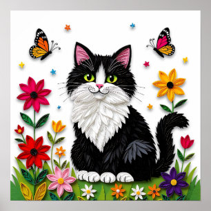 Poster Joli chat noir et blanc, fleurs et papillons