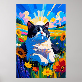 Poster Joli chat noir et blanc se reposant dans une prair
