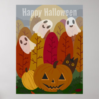 Poster Joli chat noir et fantômes d'Halloween Citrouille