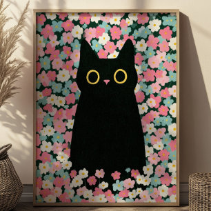 Poster Joli Chat Noir Parmi les Marguerites Colorées Anim